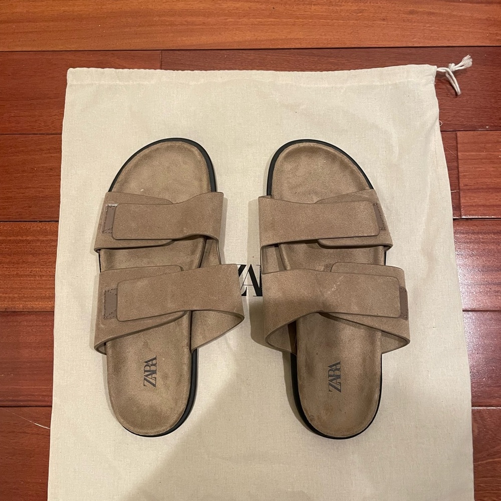 Zara Tan Suede Cross-Strap Slide Sandals